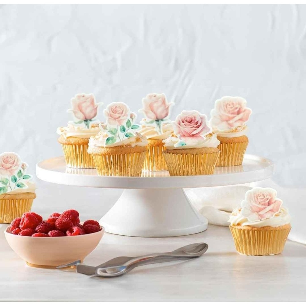 Lot of 9, 48pc Edible Pink Rose Cupcake Toppers Wafer Paper Flower Cake Decor
